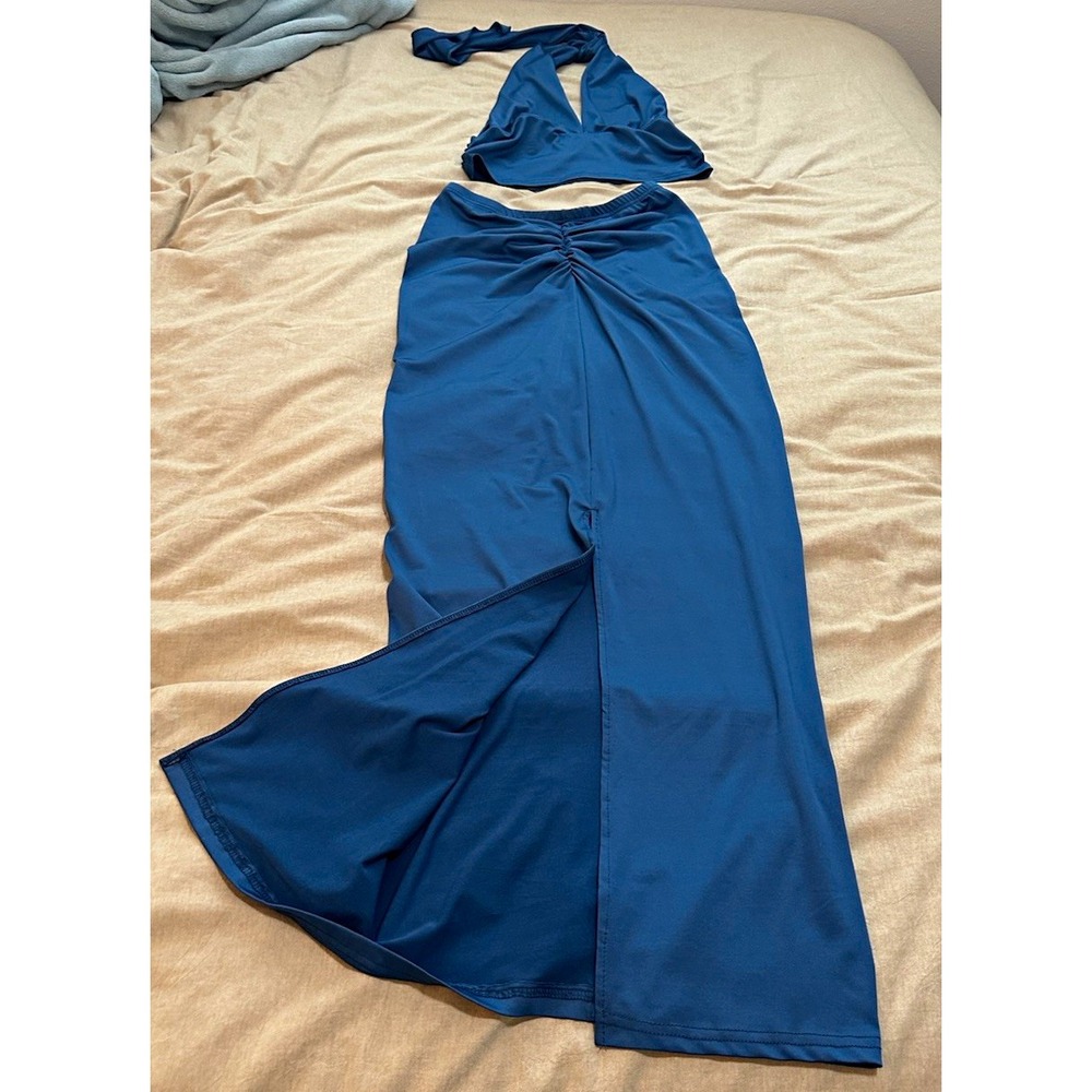 2-Piece Blue Knit Twist Tie Slit Maxi Skirt & Halter Sleeveless Top Set L